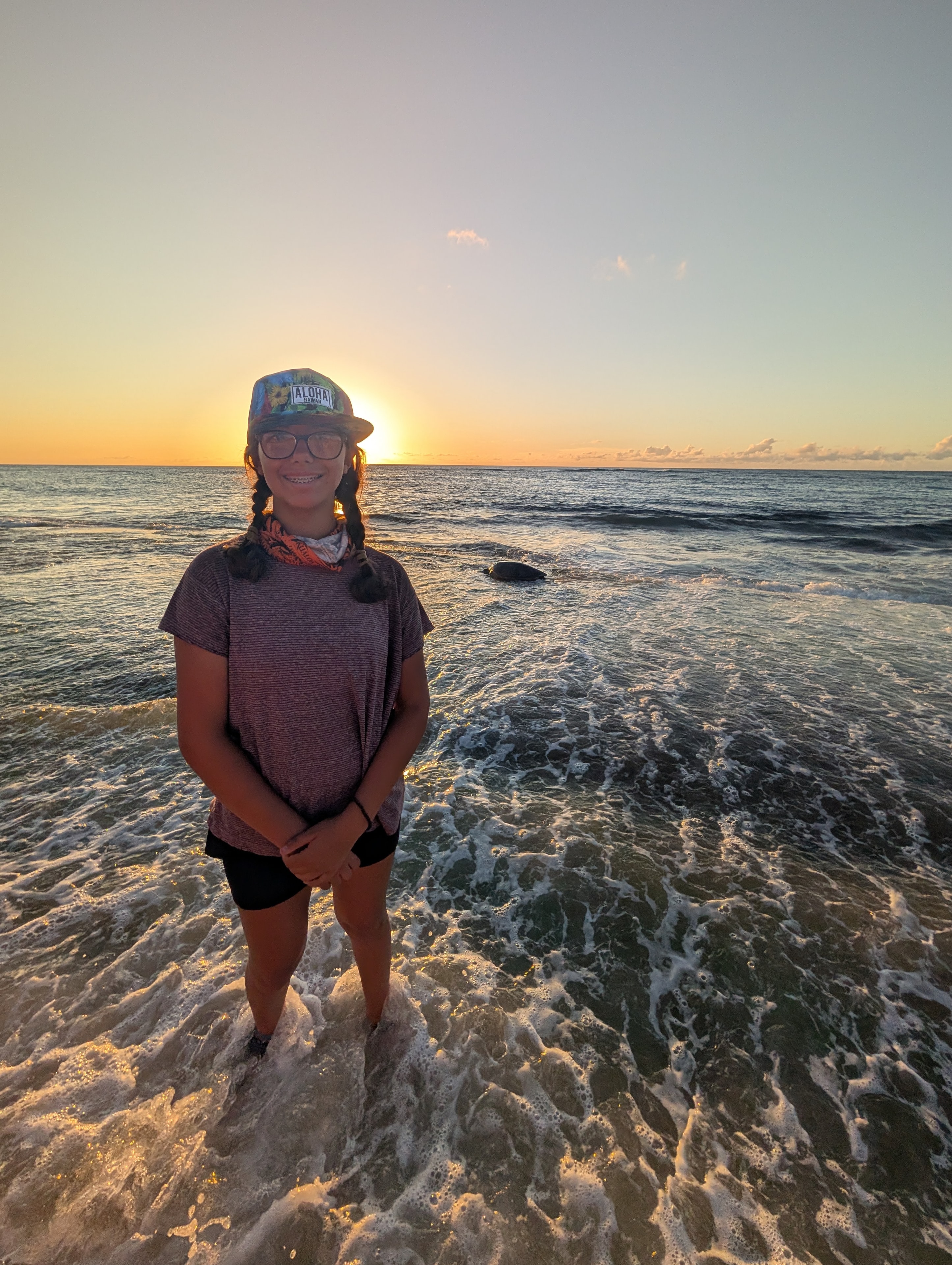 Kid standing at the water's edge with sea turtle at sunset
